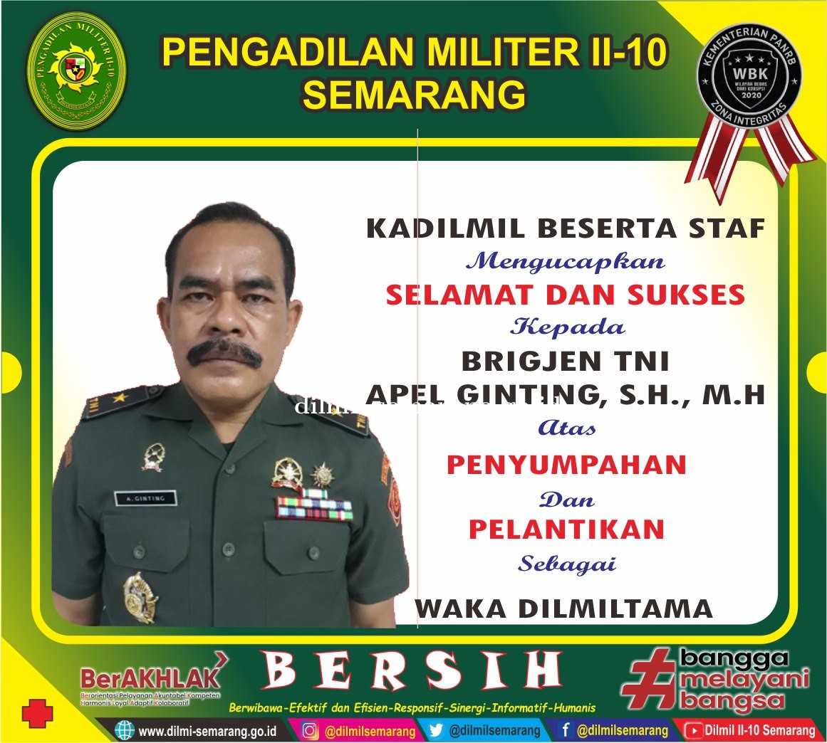 Brigjen TNI Apel Ginting, S.H., M.H. yang telah disumpah dan dilantik sebagai Wakadilmiltama